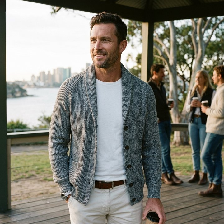 Men's premium knit cardigan with elegant shawl collar and secure button front. Ideal for cool weather.