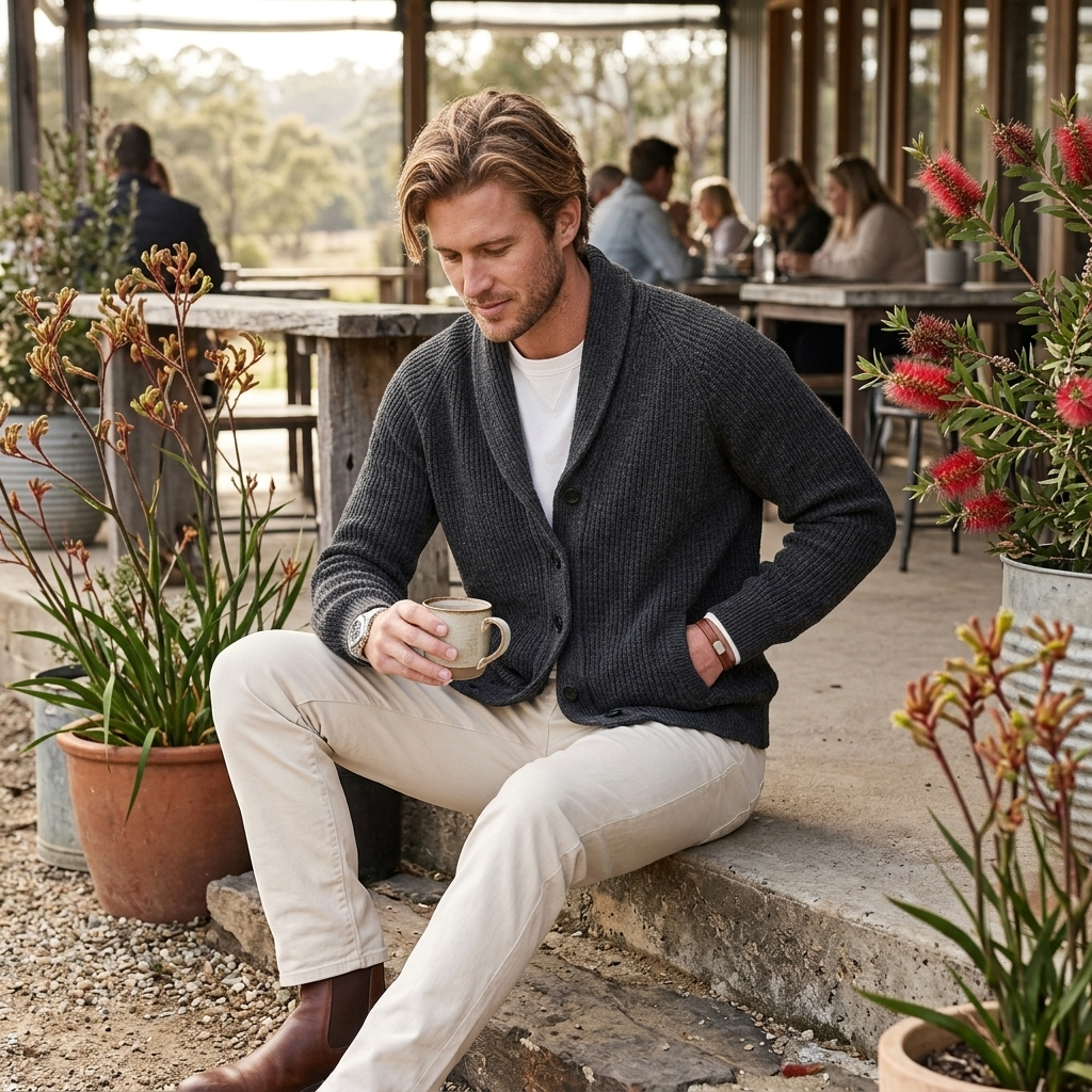 Cozy men's knit cardigan featuring a sophisticated shawl collar & button front. Perfect for fall fashion.