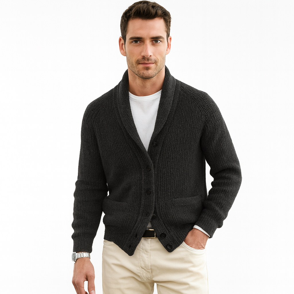 Versatile men's long sleeve knit cardigan with a classic shawl collar. Ideal for layering & winter style.