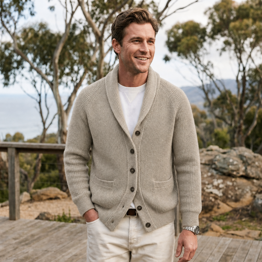 Comfortable men's long sleeve knit cardigan. Shawl collar & button front. Essential for fall/winter style.