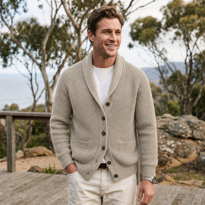 Comfortable men's long sleeve knit cardigan. Shawl collar & button front. Essential for fall/winter style.