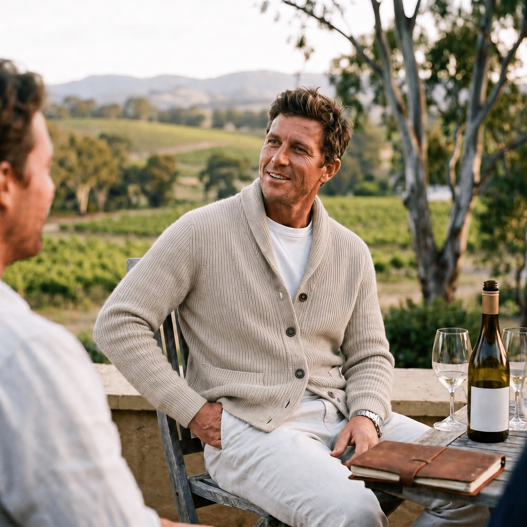 Modern men's fashion: long sleeve knit cardigan with shawl collar & button closure for fall & winter.