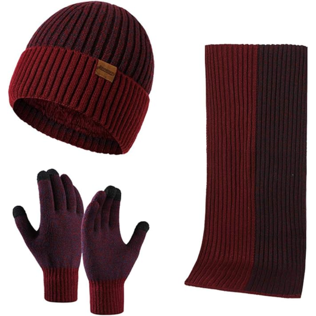 Men's knit winter set: warm beanie, touchscreen gloves & scarf for cold weather.