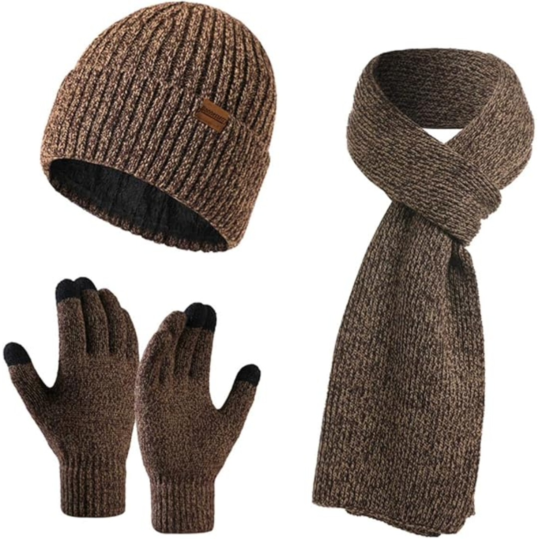 Modern men's winter accessories: beanie, scarf & touchscreen gloves. Gift idea.