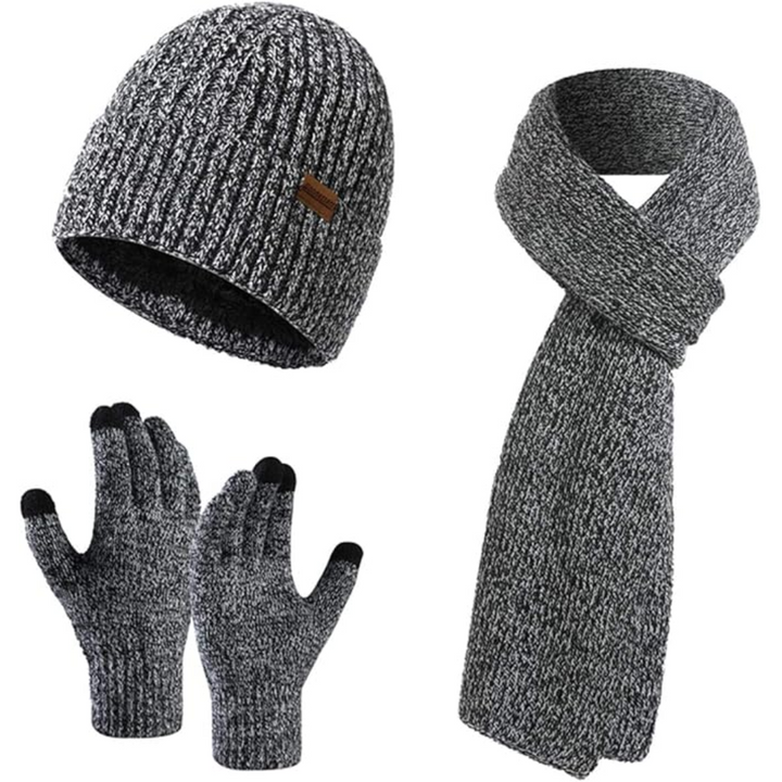 Warm men's winter set with knit beanie, long scarf & conductive touchscreen gloves.