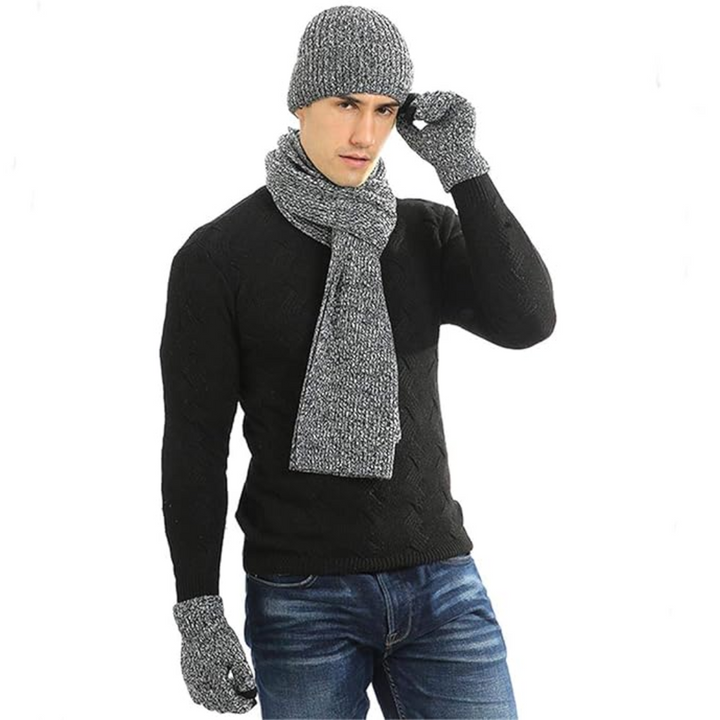 Men's durable winter beanie, warm scarf & touchscreen gloves for outdoor activities.
