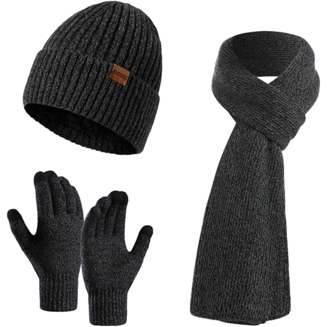 Ultimate men's warm winter ensemble: beanie, scarf & touchscreen-enabled gloves.