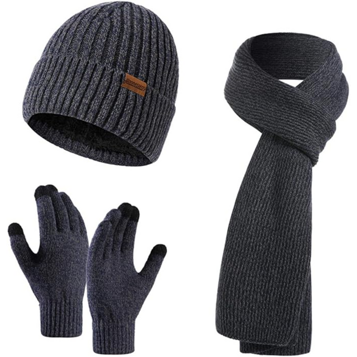 Men's stylish knit winter beanie, matching scarf & tech-friendly gloves.