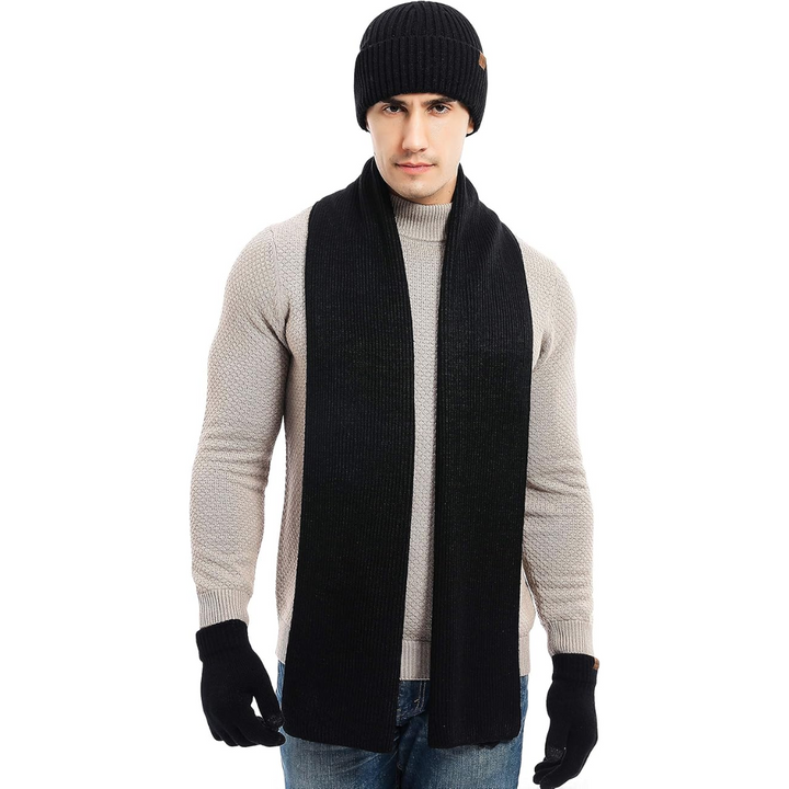 Elegant men's winter accessories: Beanie, long scarf & touchscreen gloves.