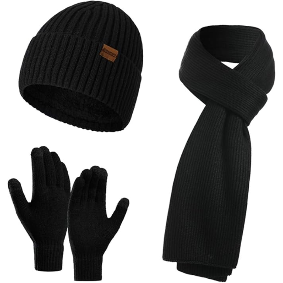 Men's comfortable knit beanie, warm scarf & responsive touchscreen gloves for winter.
