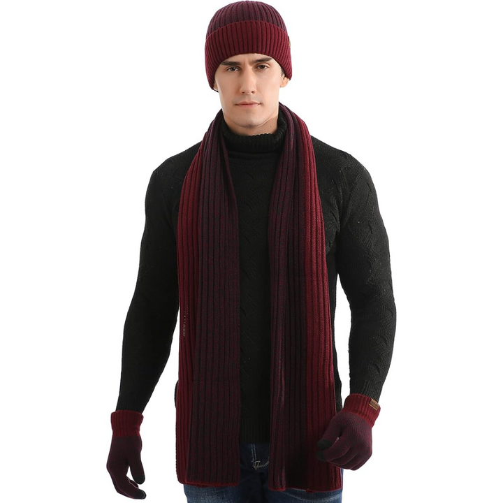 Cozy men's winter beanie, matching scarf & touchscreen gloves. Perfect for cold.