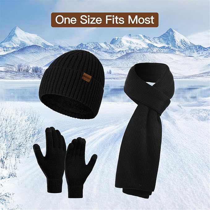 Men's warm winter gear: Knit beanie, soft scarf & touchscreen gloves. Great gift.