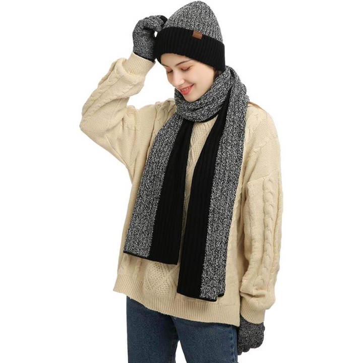 Keep warm! Men's winter knit beanie, scarf & touchscreen gloves set for daily wear.