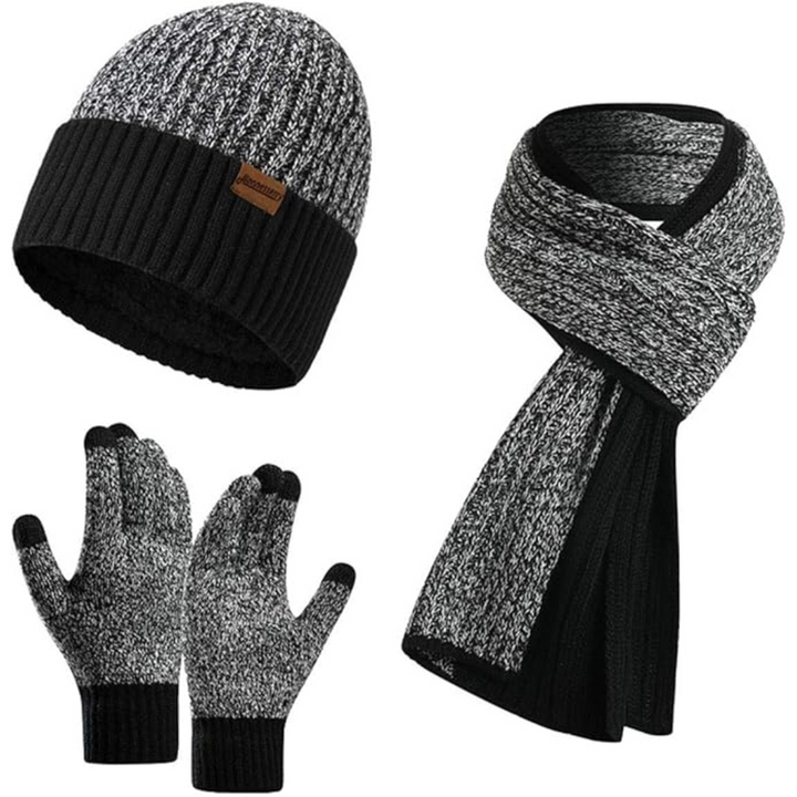 Deluxe men's cold weather set: Beanie, warm scarf & touchscreen gloves.