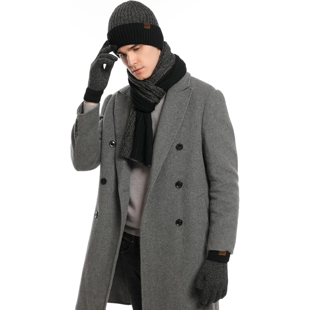 Stylish men's warm winter set: knit beanie, scarf & touchscreen gloves.