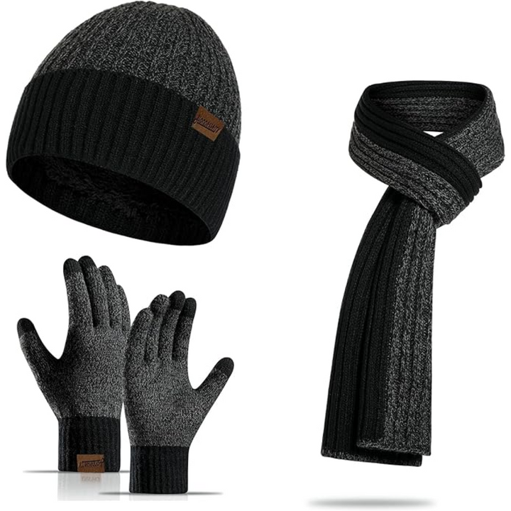 Gift for him: Men's winter beanie, warm scarf & touchscreen gloves set.