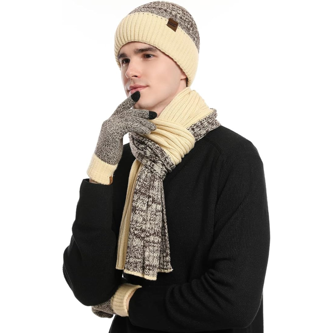 Essential men's winter accessories: beanie, scarf, and touchscreen gloves.
