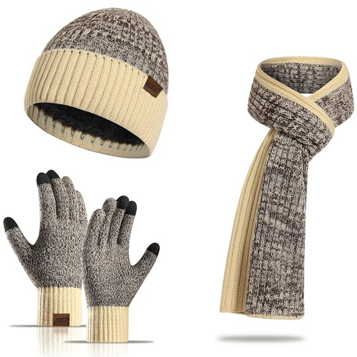 Stay warm with this men's winter beanie, knit scarf & touchscreen gloves set.