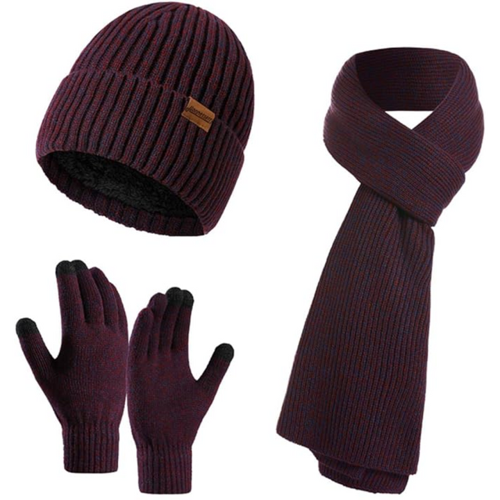 Premium men's winter gear: knit beanie, warm scarf & touchscreen smart gloves.