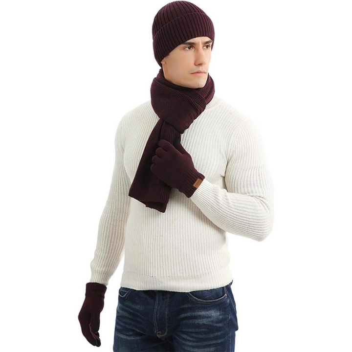 Men's cold weather set: cozy beanie, knit scarf & practical touchscreen gloves.