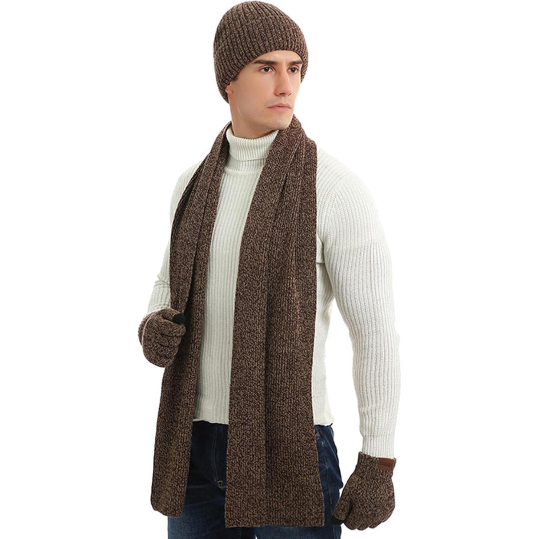 Complete men's winter knit set: beanie, scarf & gloves for ultimate warmth.