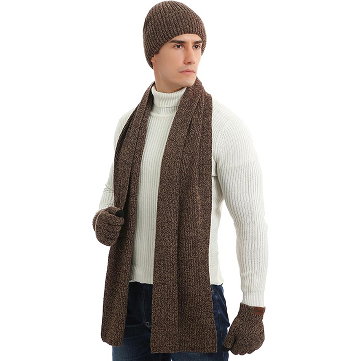 Complete men's winter knit set: beanie, scarf & gloves for ultimate warmth.
