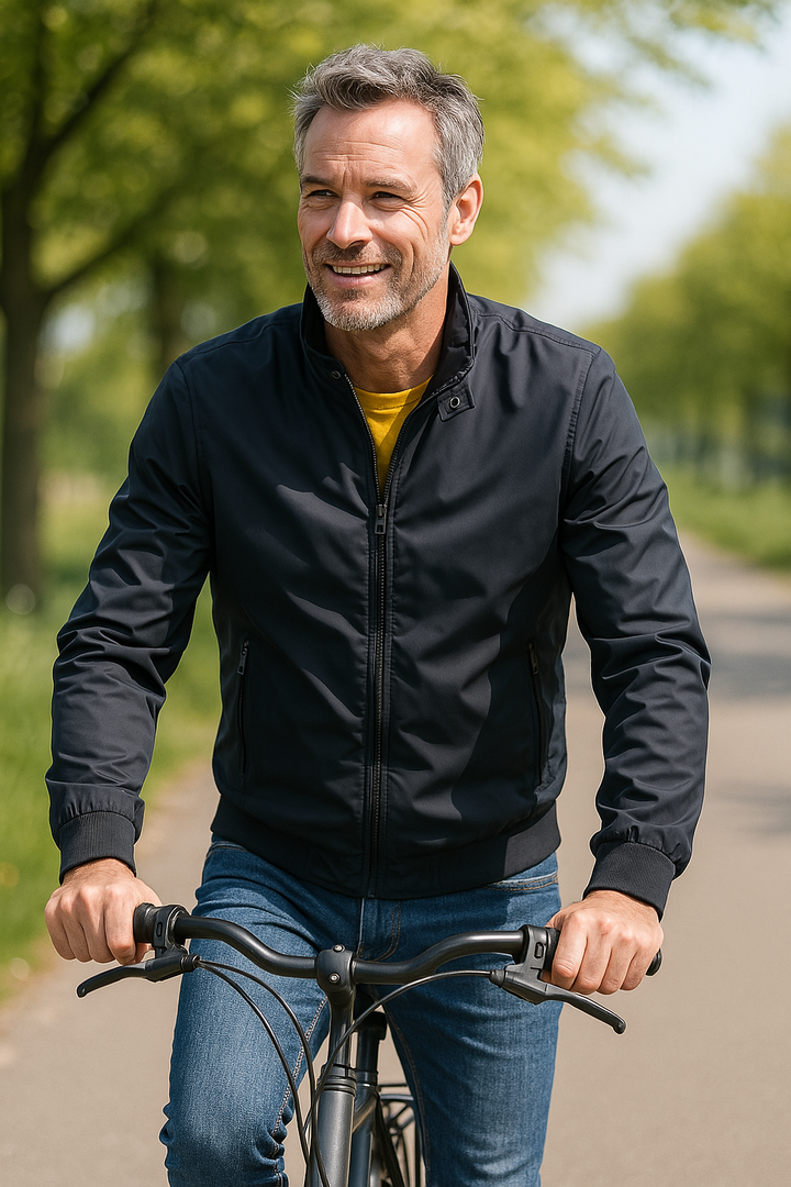 Sporty men's zip-up windbreaker for active & casual wear. Lightweight, water-repellent, and all-season outerwear.