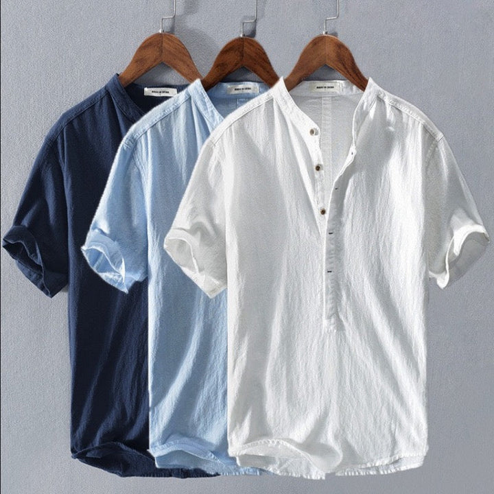 Versatile men's short-sleeve button-up shirt, a lightweight and casual summer top for everyday wear or vacation.