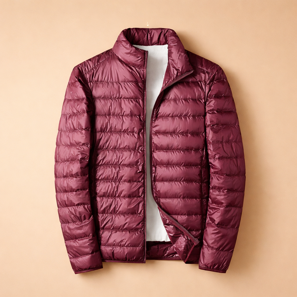 Sleek men's lightweight quilted zip jacket, a modern fall/winter fashion piece for urban style.