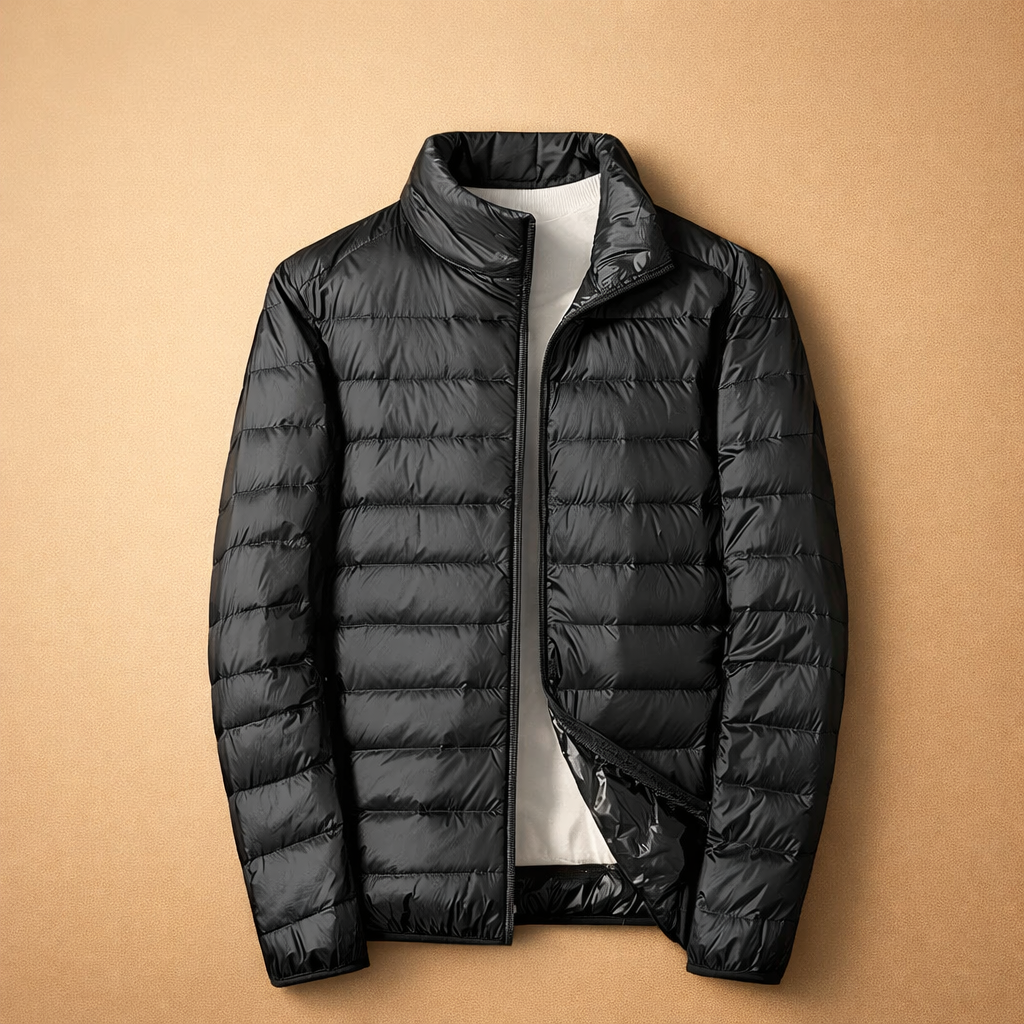 Warm & lightweight men's quilted jacket, a stylish zip outerwear piece for cooler fall/winter days.