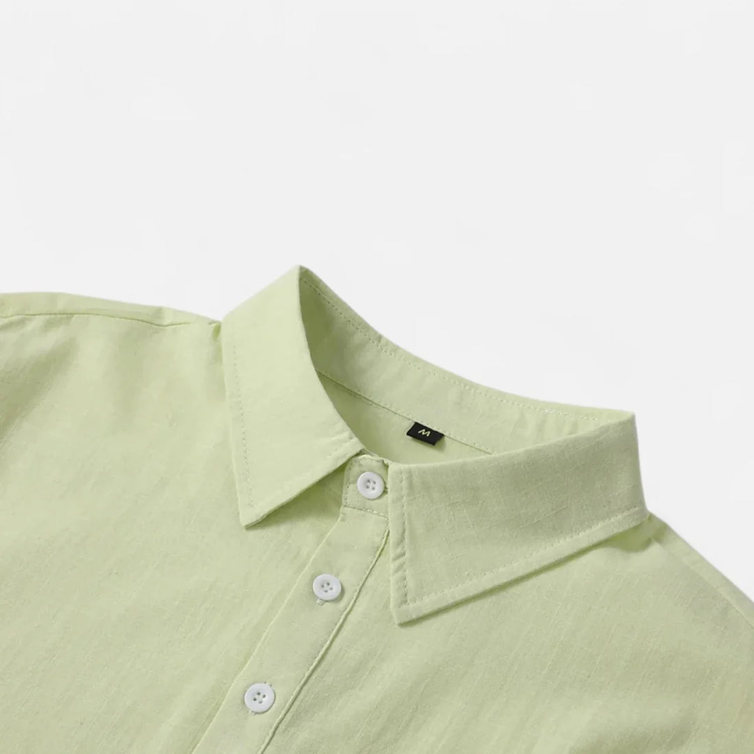 Stylish men's short sleeve button-up polo. Versatile lightweight summer shirt for casual, vacation, & resort fashion.