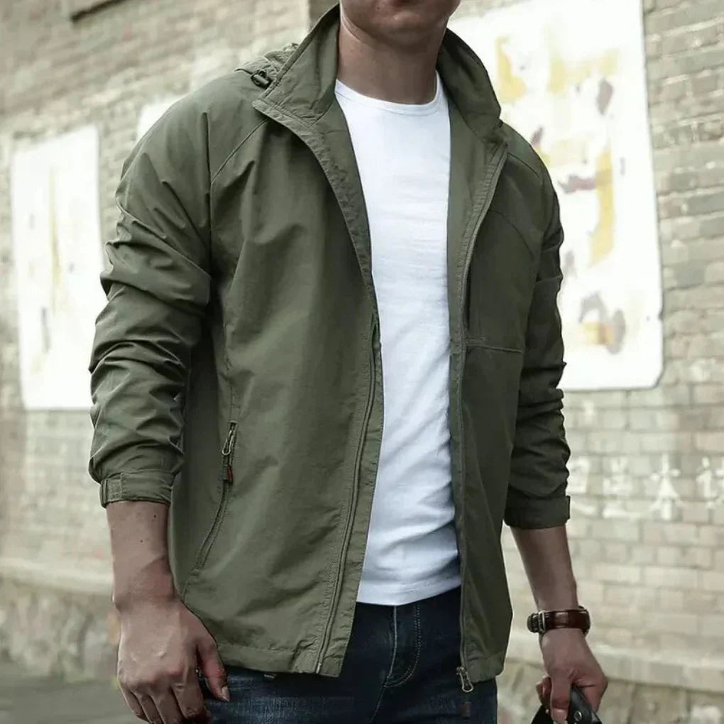 Close-up of the men's casual lightweight jacket showing the zip-up detail and durable water-resistant fabric.