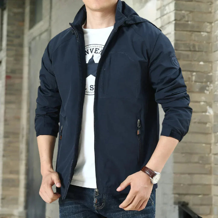 Stylish men's travel jacket, a versatile lightweight transitional outerwear piece for everyday wear in spring & fall.