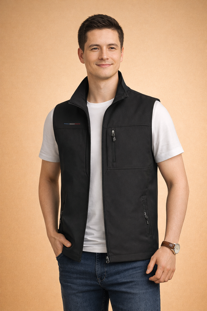 Men's lightweight utility vest, ideal for travel & hiking, featuring multiple secure zip pockets.