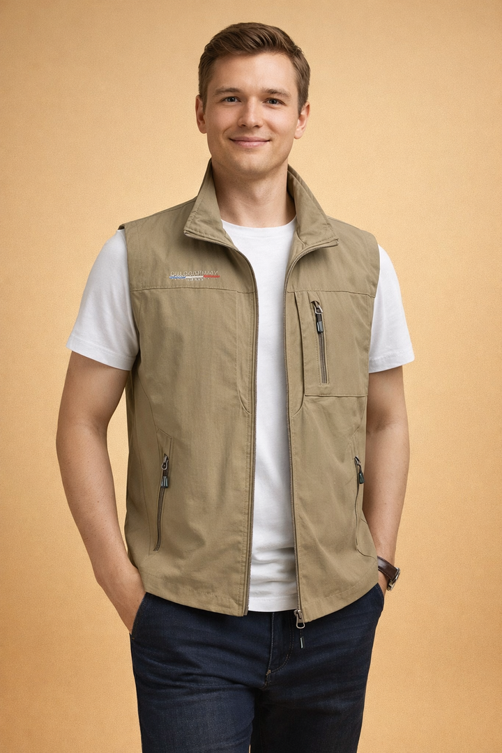 Functional men's outdoor utility vest with breathable fabric and multiple zip pockets for essentials.