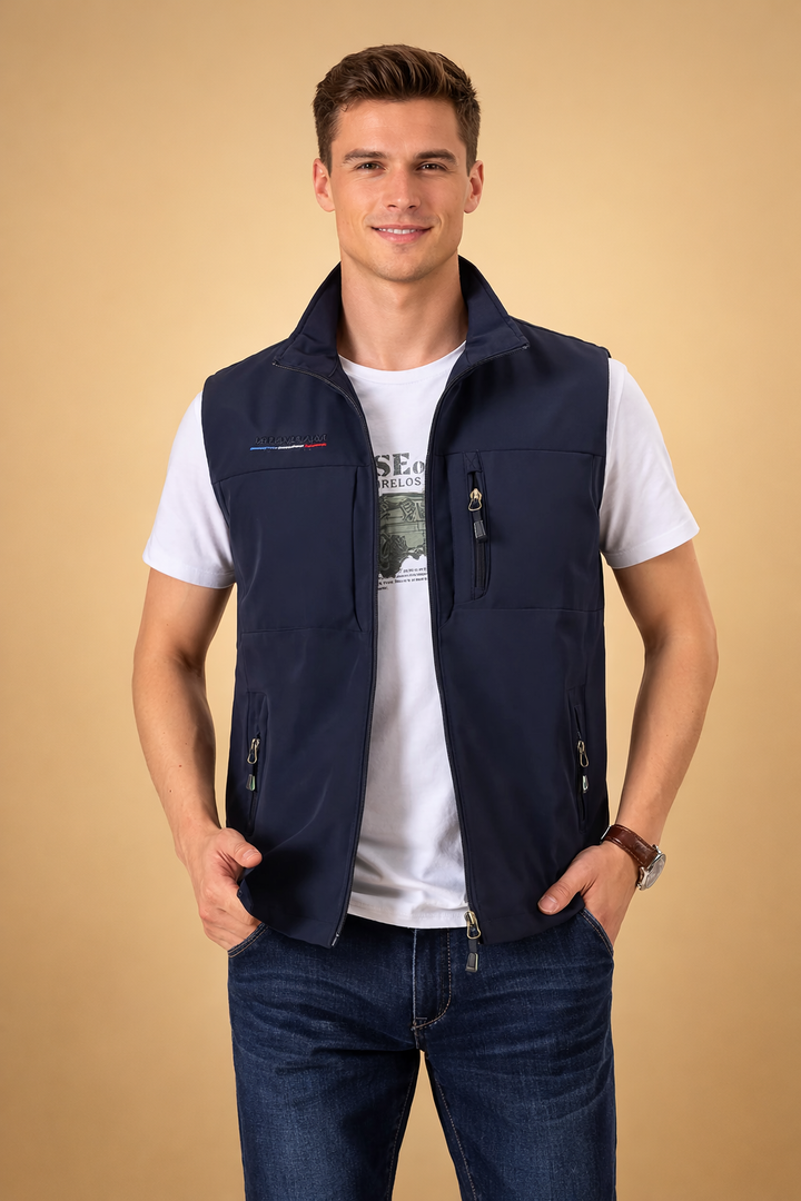Durable men's hiking and fishing utility vest, designed with secure zip pockets for outdoor adventures.