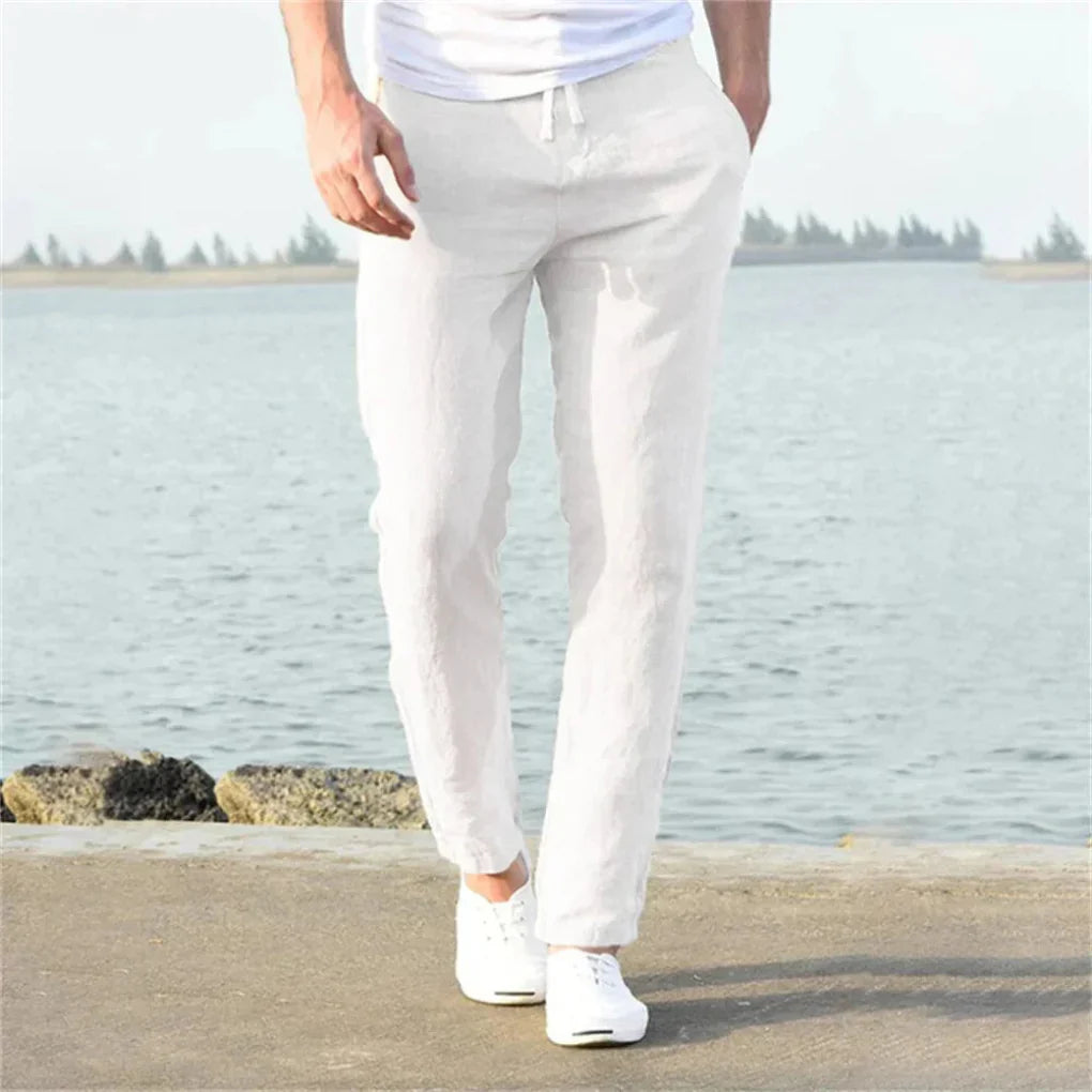 Men's linen summer trousers, casual relaxed fit, breathable for warm weather comfort & men's fashion.
