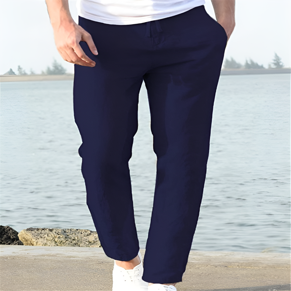 Casual men's linen summer trousers with a relaxed straight leg design, perfect for men's fashion in warm weather.