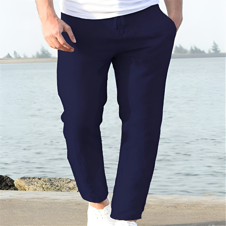 Casual men's linen summer trousers with a relaxed straight leg design, perfect for men's fashion in warm weather.