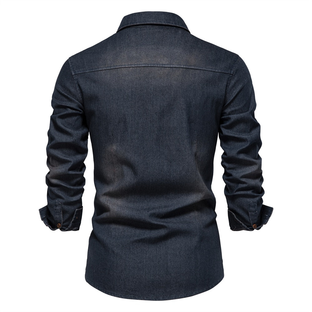 Versatile men's button-down denim shirt. Long sleeve stretch cotton for comfortable, casual style.