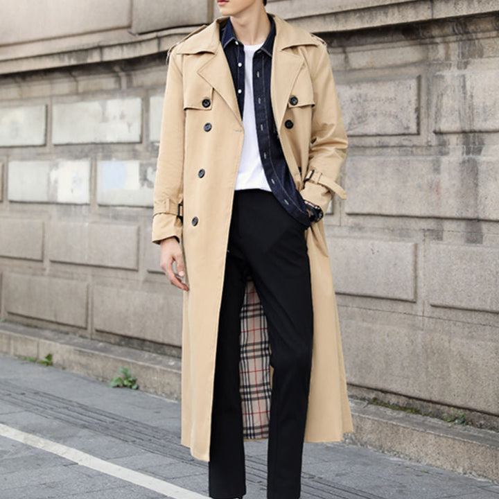 Men's long double-breasted trench coat with belted waist, classic style outerwear.