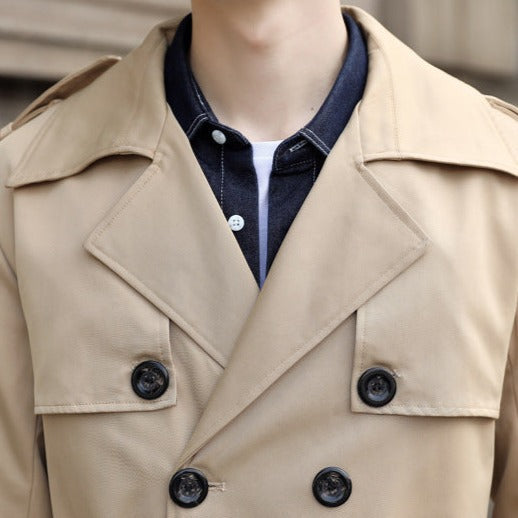 Versatile men's classic trench coat, long double-breasted design with a stylish belted waist.