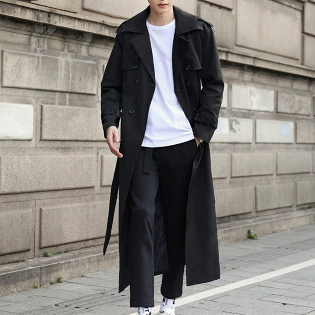 Classic khaki men's double-breasted trench coat, long and sophisticated with an adjustable belted waist.