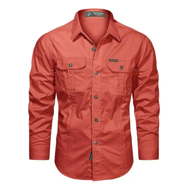 Men's long-sleeve cargo shirt, versatile utility top with multi-pockets for workwear & outdoor adventures.