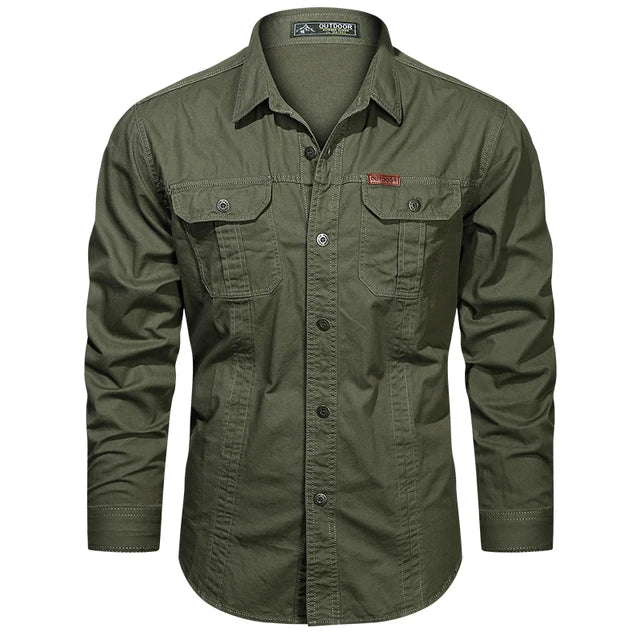 Tactical men's button-down long-sleeve cargo shirt, perfect for layering & casual everyday wear.