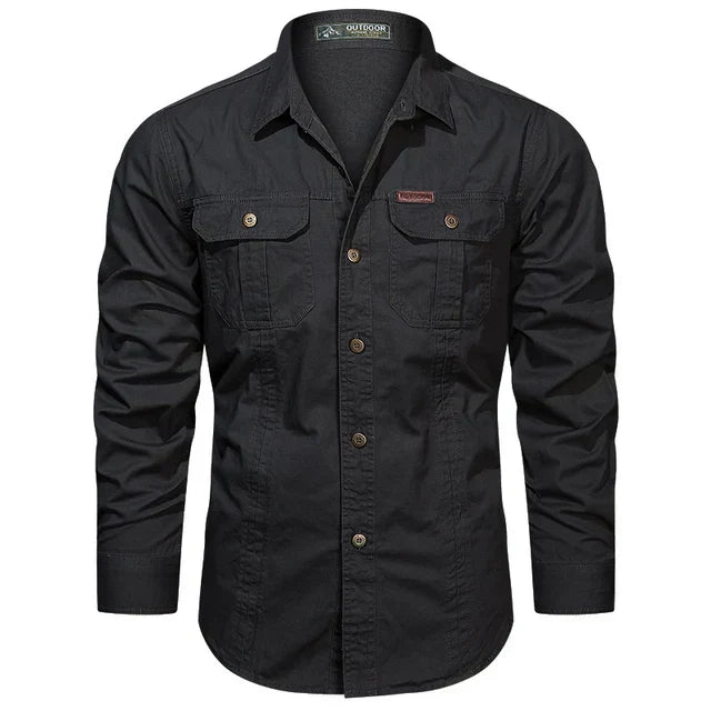 Durable men's utility long-sleeve shirt with multiple chest pockets, ideal for outdoor & work wear.