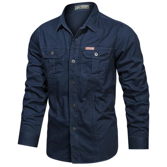 Khaki men's long-sleeve cargo shirt with practical multi-pockets, a rugged choice for tactical & casual outfits.