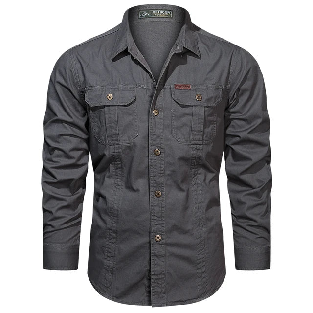 Senn men's long-sleeve tactical shirt; a multi-pocket cargo button-down for practical outdoor and work use.