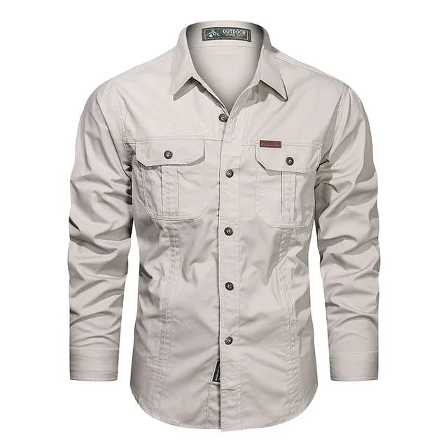 Multi-pocket men's long-sleeve cargo shirt, a durable workwear & outdoor top for versatile men's fashion.