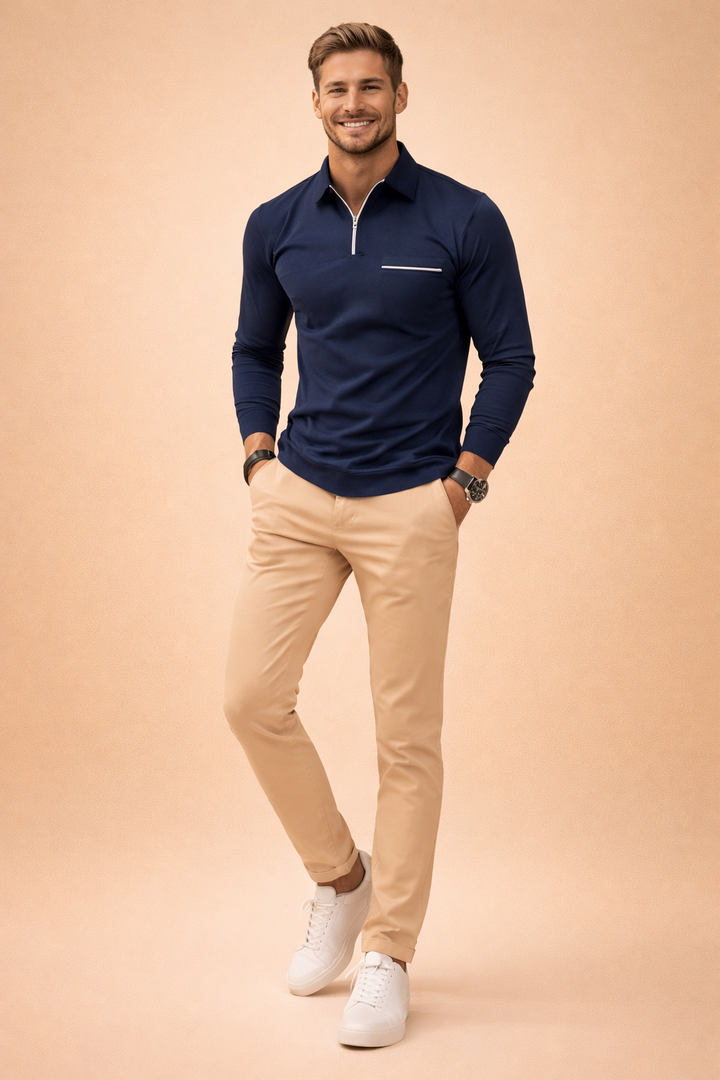 Men's long-sleeve quarter-zip polo shirt in a versatile color for smart casual style and comfort.